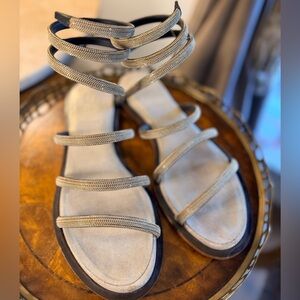 Brunello Cucinelli Metallic Silver Strappy Flat Sandals